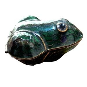 Cloisonne frog trinket box blue green gold enamel on brass hinged lid novelty